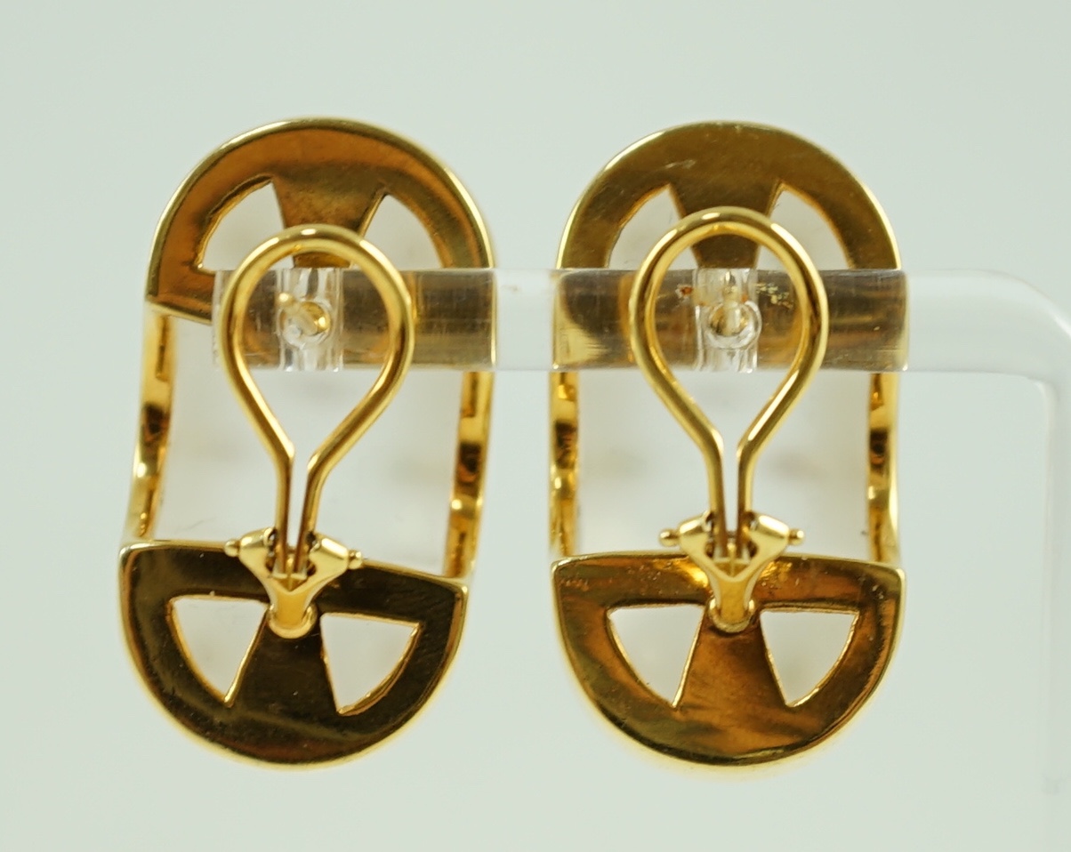 A pair of 20th century 14k gold, rock crystal and cabochon gem set demi-lune earrings